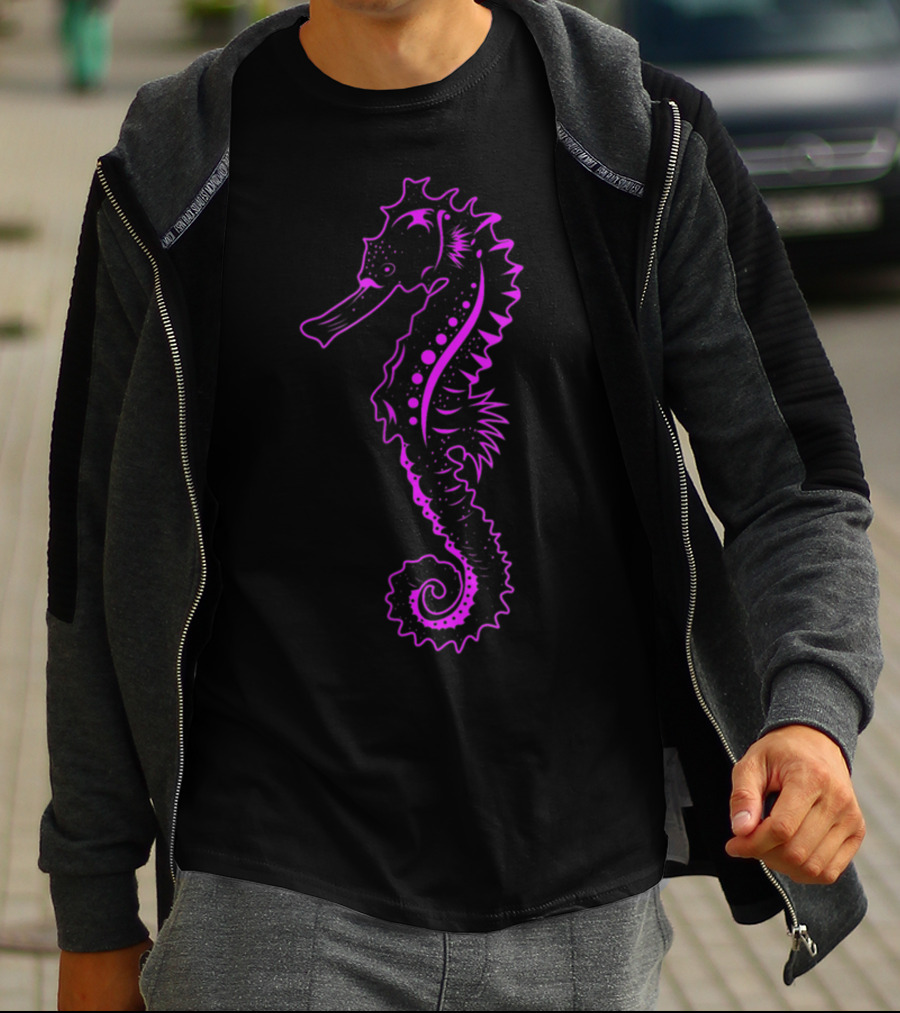 Cute Seahorse Sea Horse Neon Purple Black Sea Creature T-Shirt