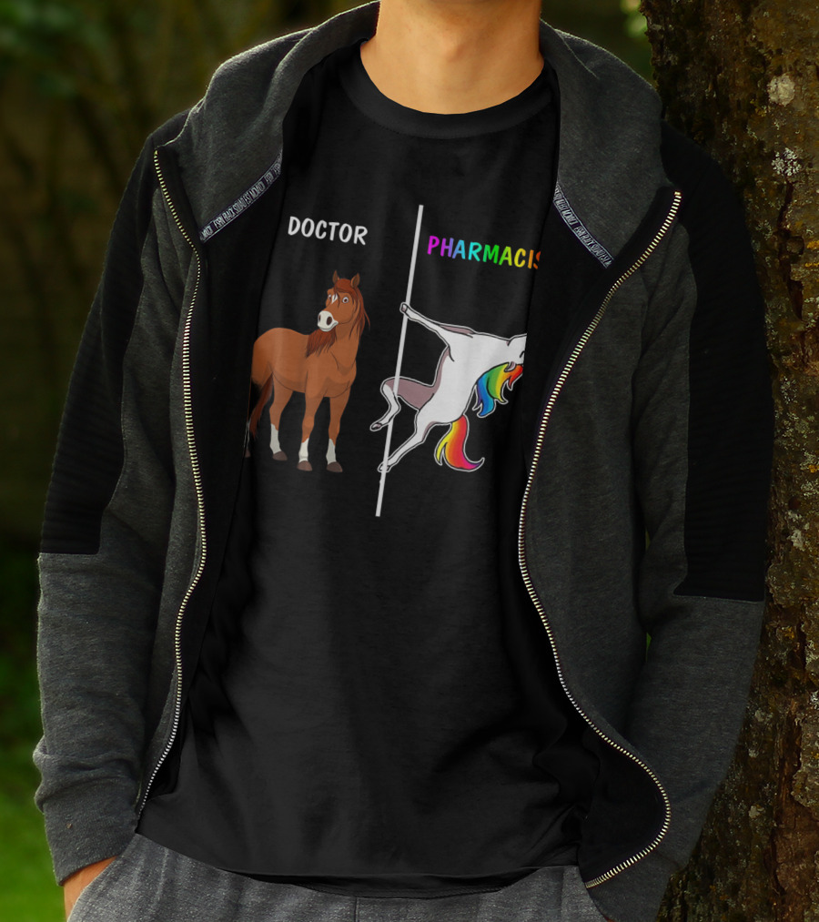 Doctor Horse Vs. Pharmacist Unicorn Rainbow Contrast T-Shirt