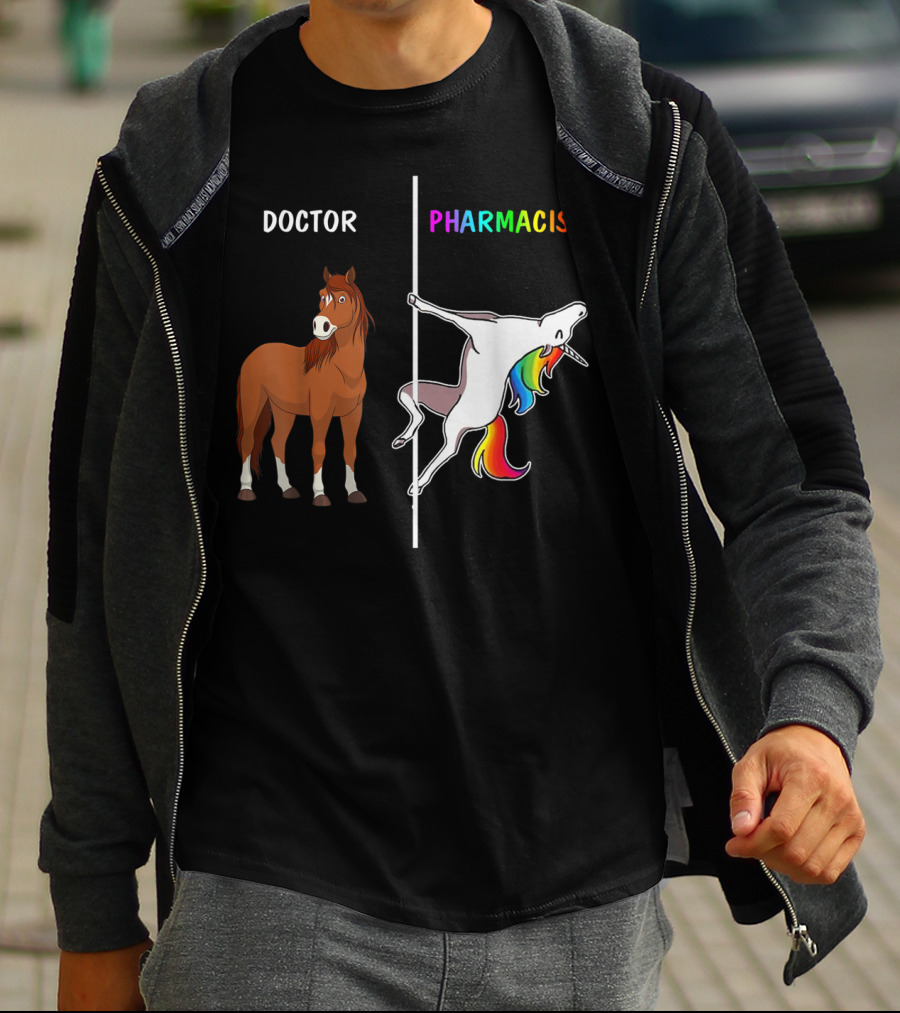 Doctor Horse Vs. Pharmacist Unicorn Rainbow Contrast T-Shirt