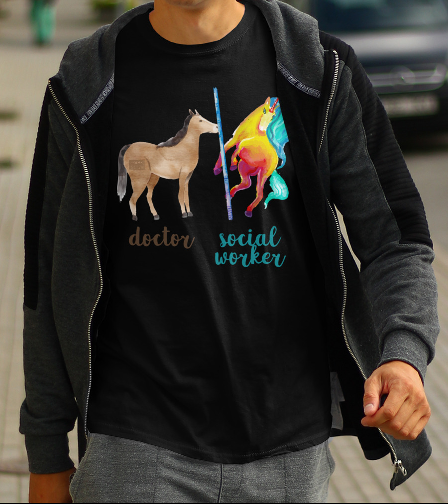 Doctor Horse And Social Worker Unicorn With Pole T-Shirt