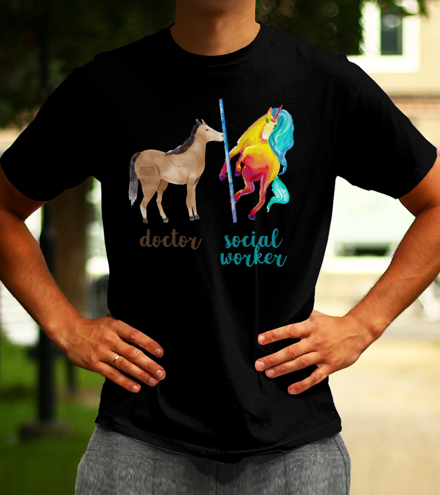 Doctor Horse And Social Worker Unicorn With Pole T-Shirt