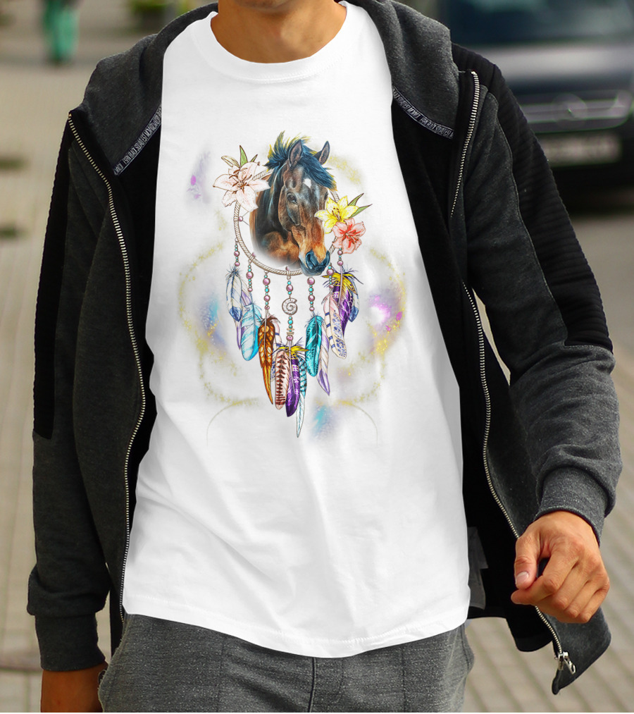 Dream Catcher Horse With Feathers And Flowers For Animal Lovers T-Shirt