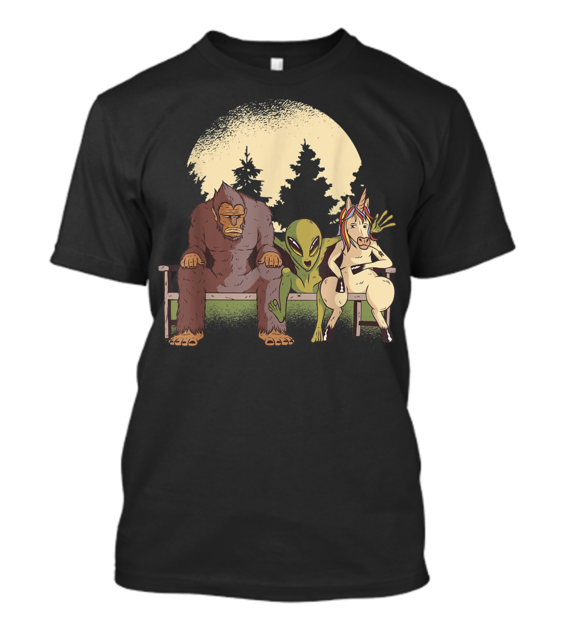 Creatures Monkey Alien Horse Forest Bench Scene T-Shirt