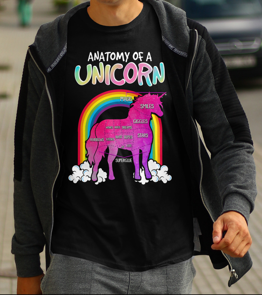 Anatomy Of A Unicorn Rainbows Magic Smiles Giggles Wishes Dreams Hopes Stars Superglue T-Shirt