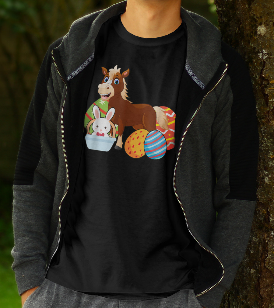 Funny Easter Horse Bunny With Colorful Eggs Happy Easter T-Shirt