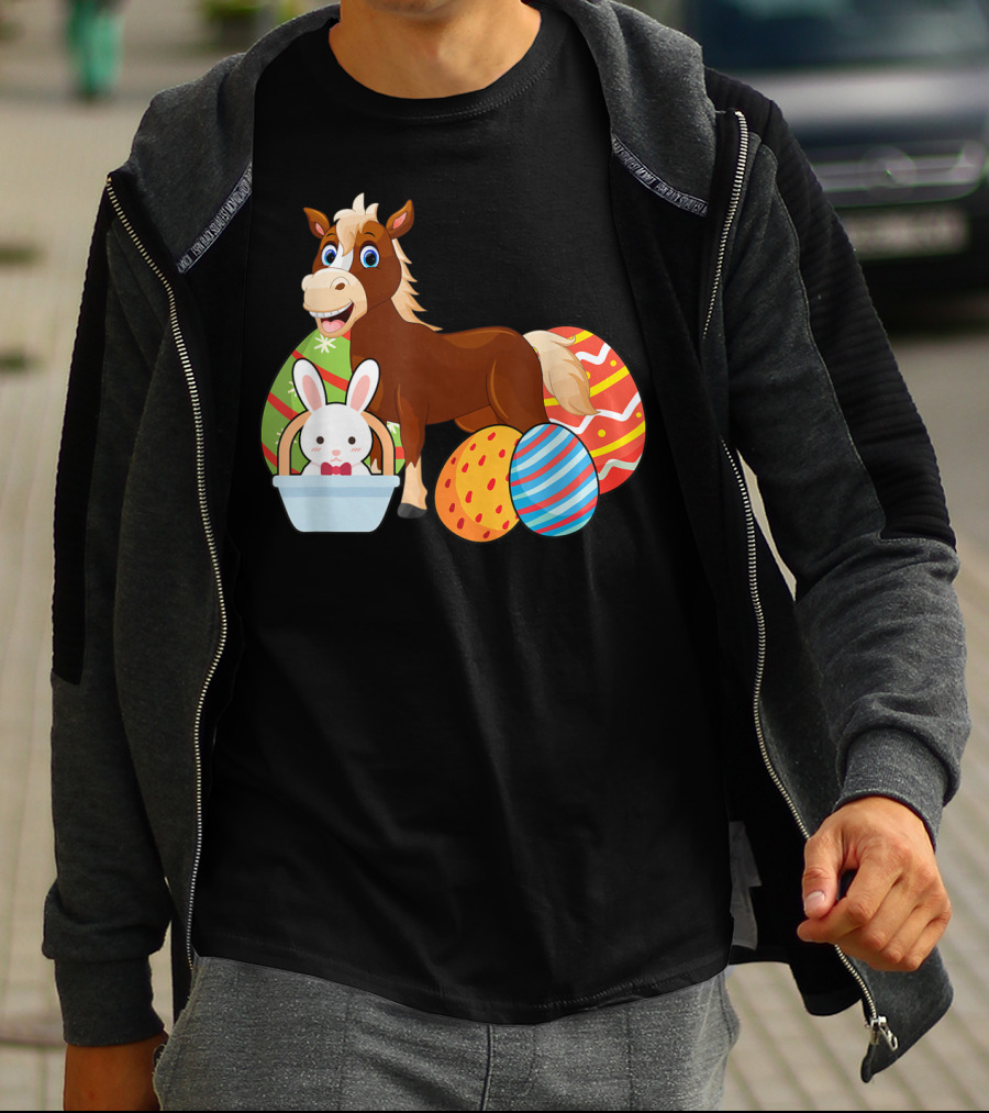 Funny Easter Horse Bunny With Colorful Eggs Happy Easter T-Shirt