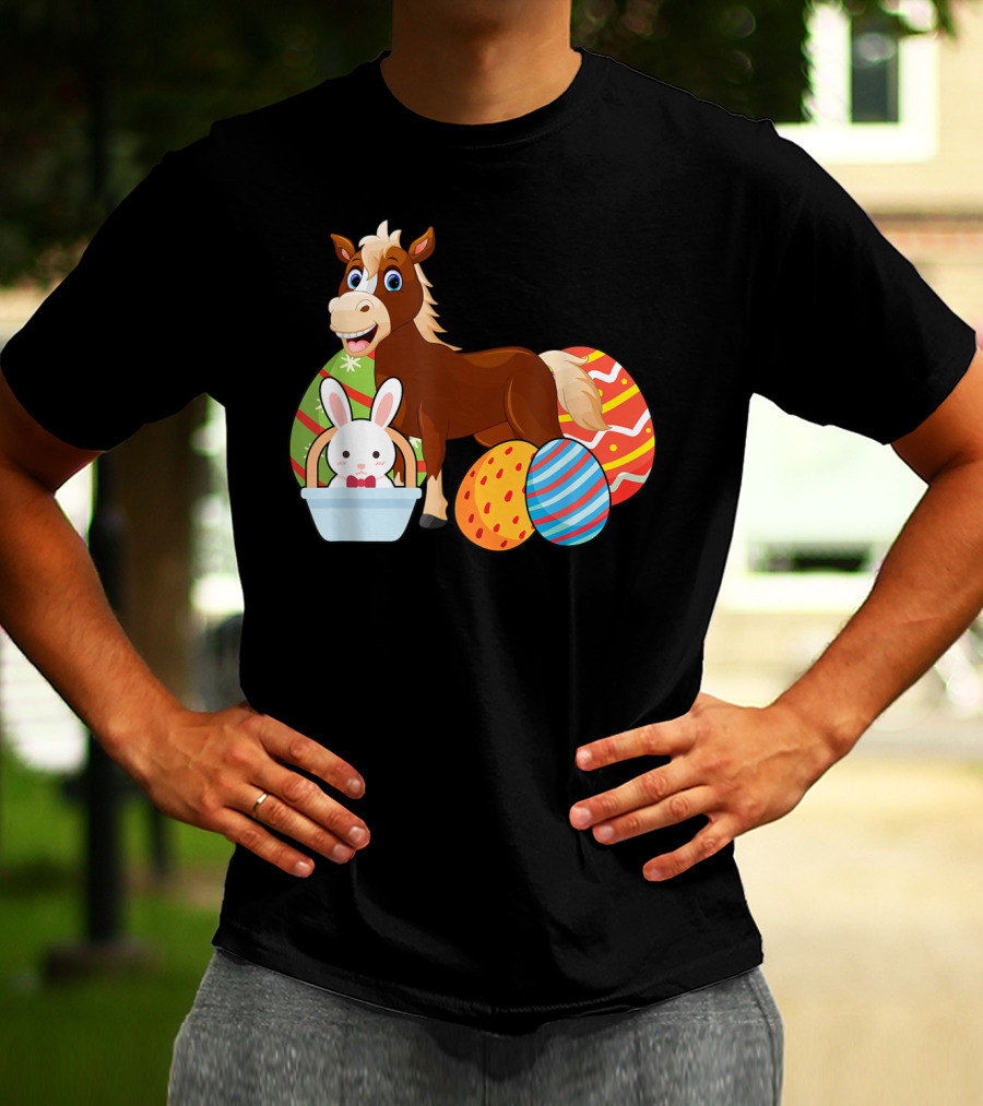 Funny Easter Horse Bunny With Colorful Eggs Happy Easter T-Shirt