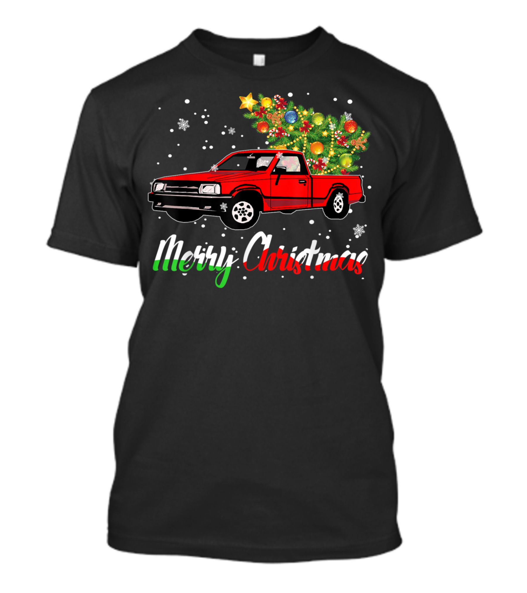 Merry Christmas Classic Old Red Truck With Christmas Tree And Snowflakes T-Shirt