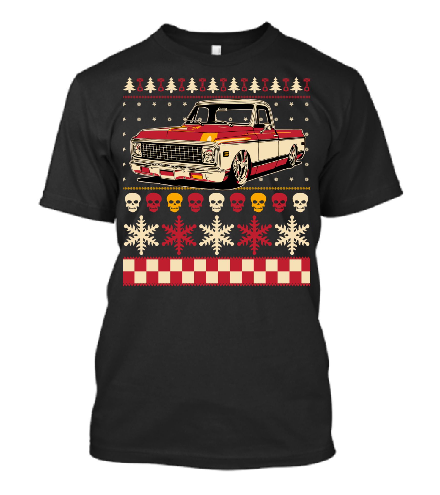 Classic Antique Pickup Truck Ugly Christmas Sweater Skulls Snowflakes T-Shirt