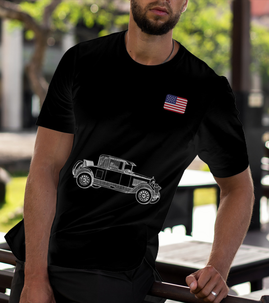 Classic Car USA American Flag Racing Patriotic Vintage Automobile T-Shirt