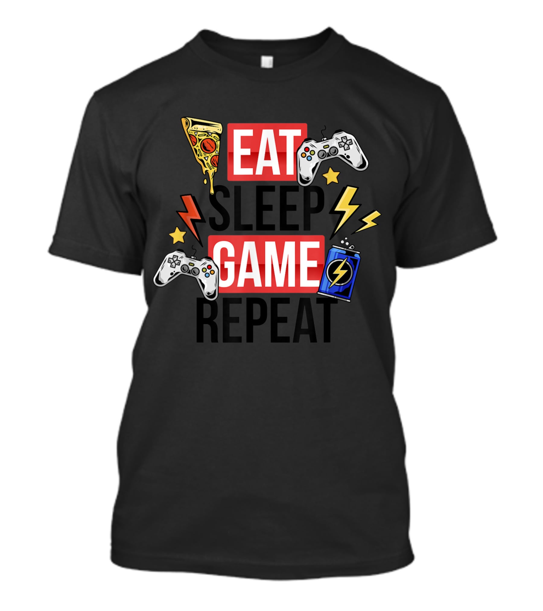 EAT SLEEP GAME REPEAT Pizza Controllers Lightning Energy T-Shirt