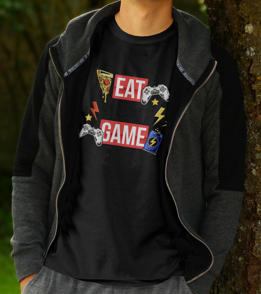 EAT SLEEP GAME REPEAT Pizza Controllers Lightning Energy T-Shirt