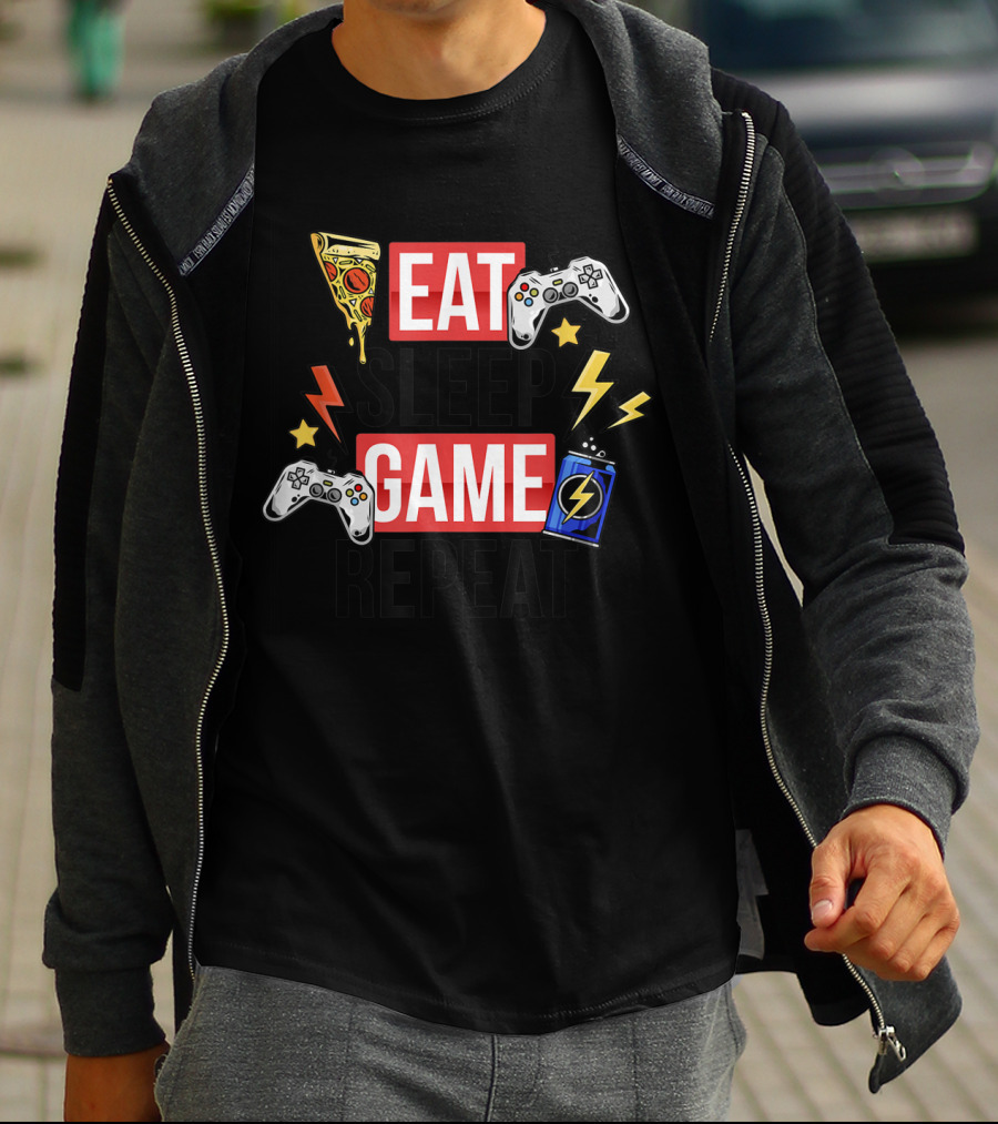 EAT SLEEP GAME REPEAT Pizza Controllers Lightning Energy T-Shirt