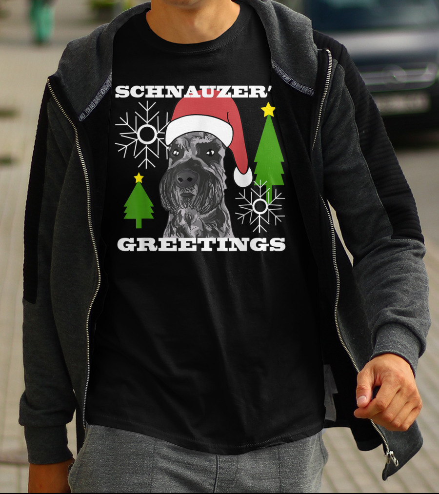 Schnauzer's Greetings Santa Hat Christmas Trees Snowflakes T-Shirt