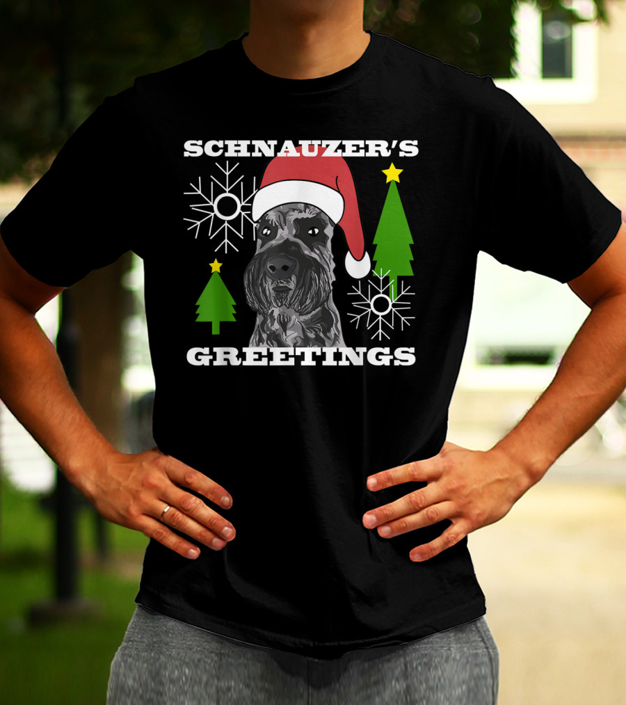 Schnauzer's Greetings Santa Hat Christmas Trees Snowflakes T-Shirt