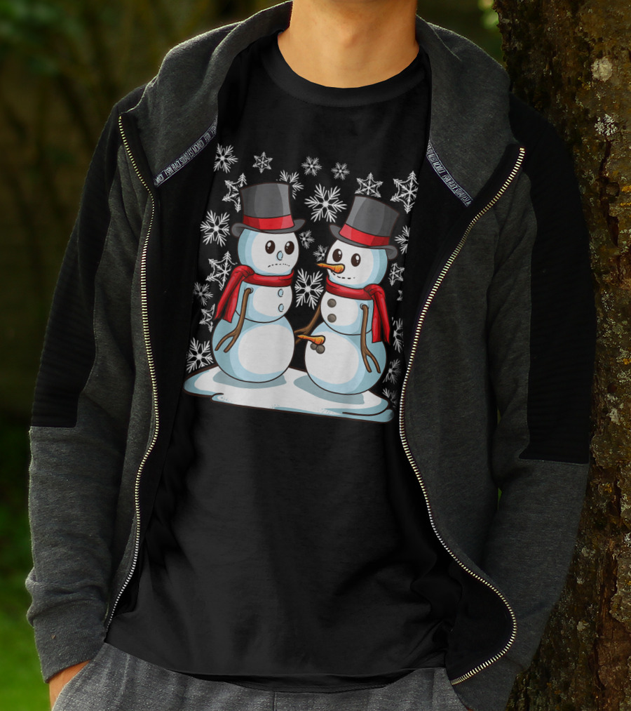 Naughty Christmas Snowmen With Carrot And Top Hats Amidst Snowflakes T-Shirt