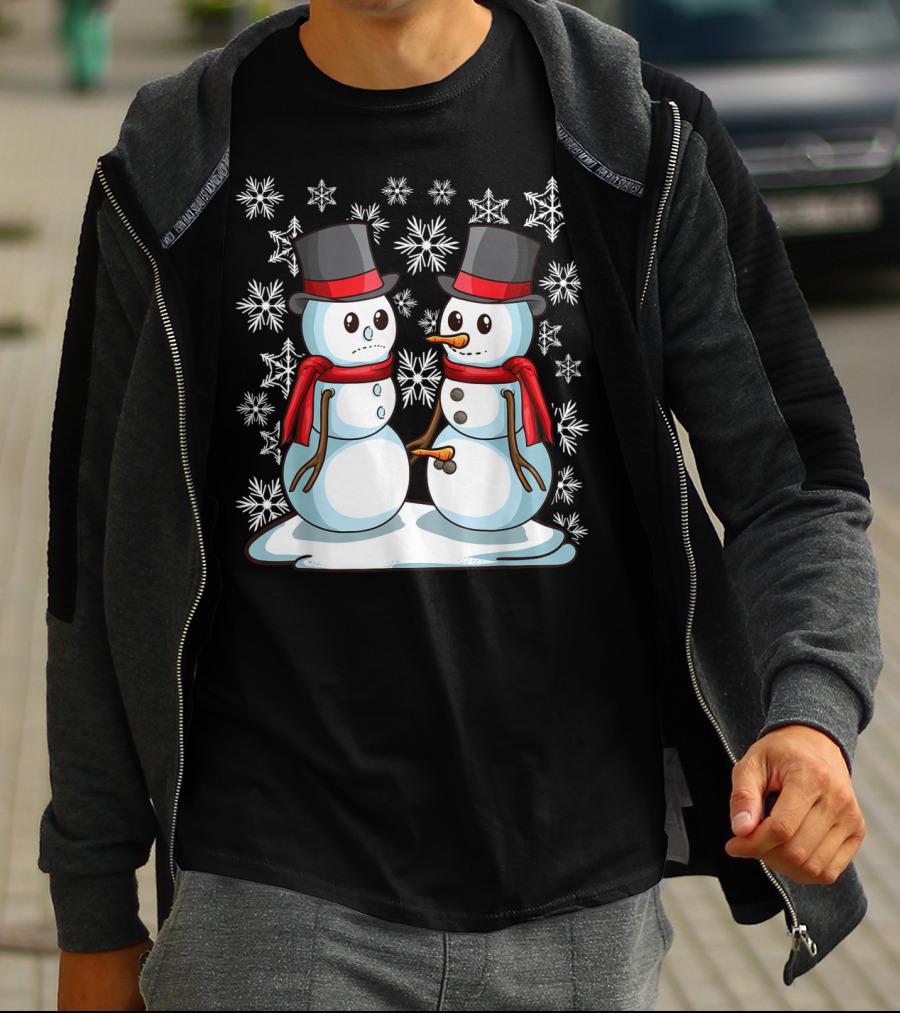 Naughty Christmas Snowmen With Carrot And Top Hats Amidst Snowflakes T-Shirt