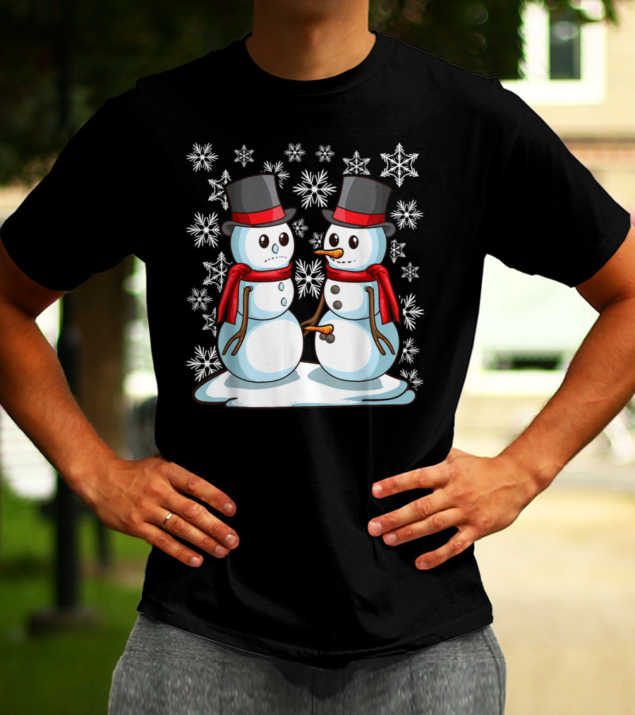 Naughty Christmas Snowmen With Carrot And Top Hats Amidst Snowflakes T-Shirt