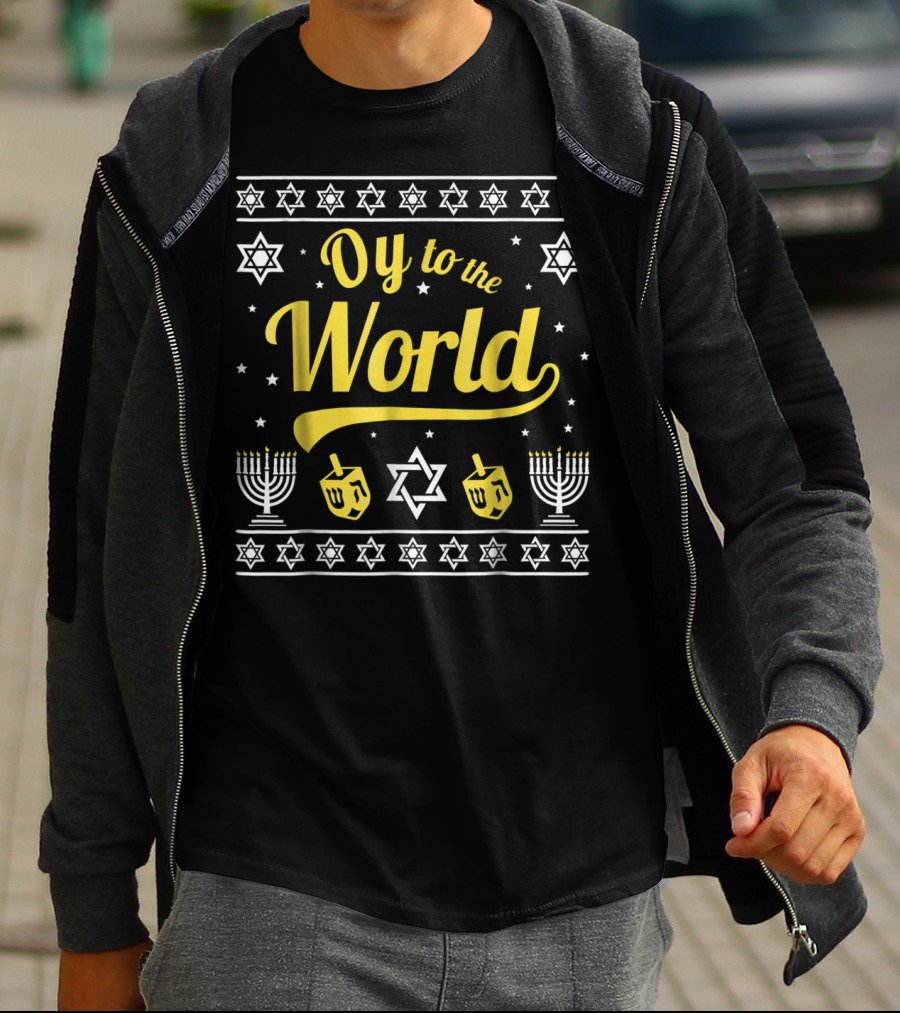 Oy To The World Hanukkah Menorah Star Dreidel T-Shirt