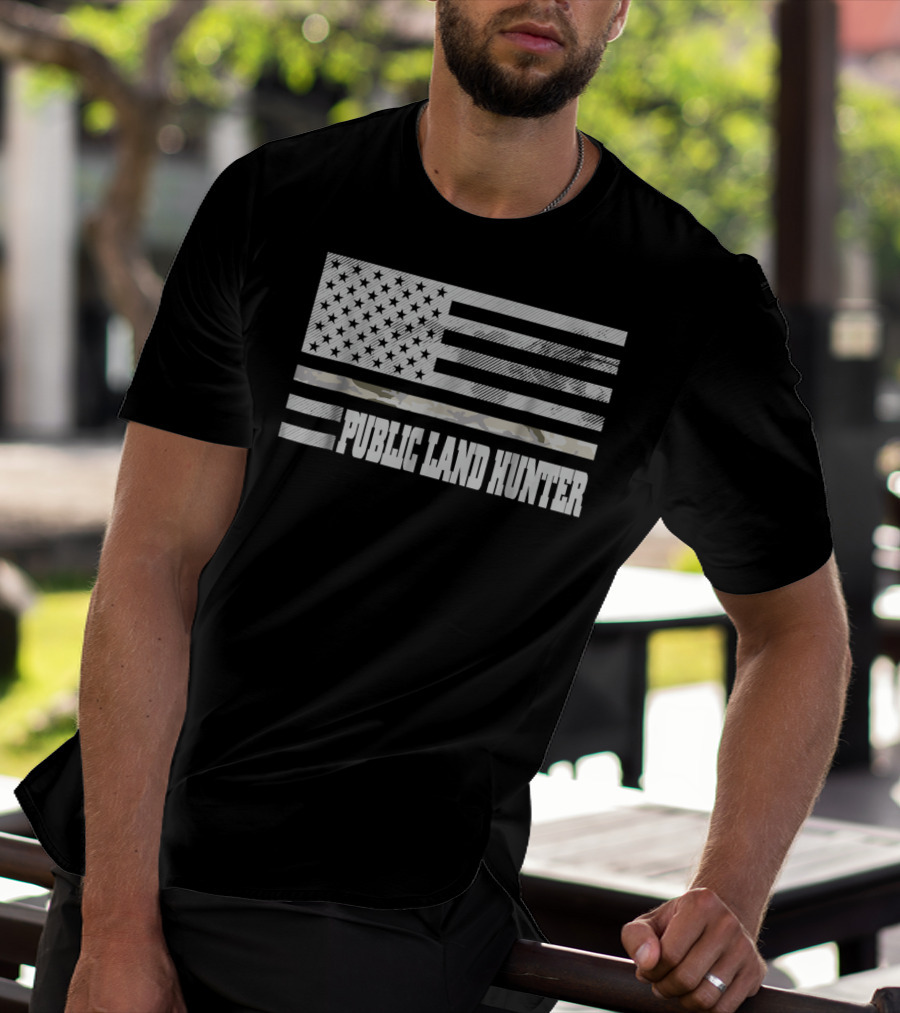 Public Land Hunter Camo Thin Line USA Flag Hunting American Pride T-Shirt