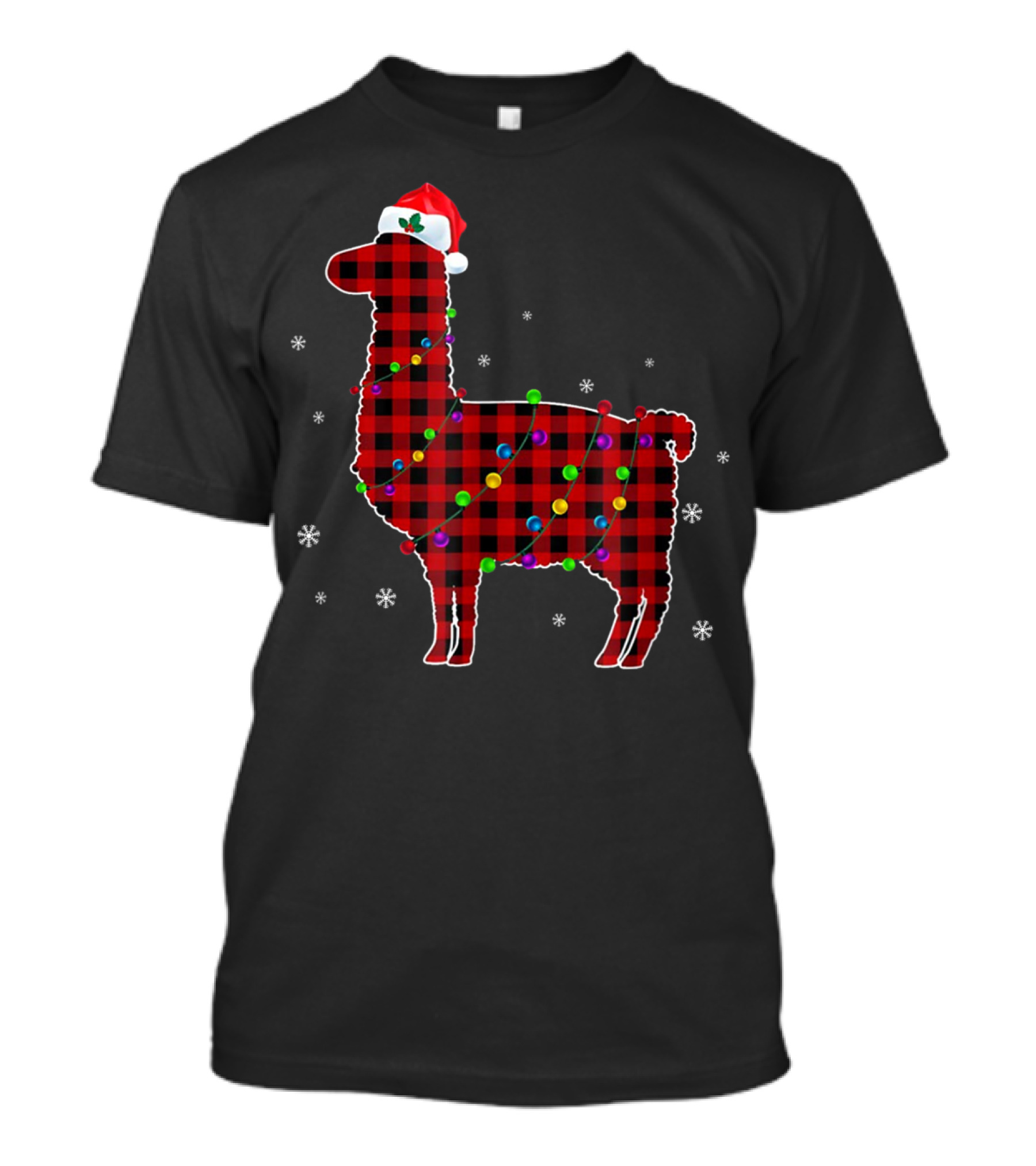 Red Plaid Buffalo Llama Christmas Lights Santa Hat T-Shirt