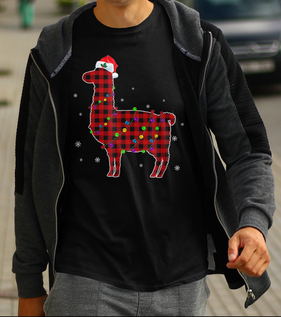 Red Plaid Buffalo Llama Christmas Lights Santa Hat T-Shirt