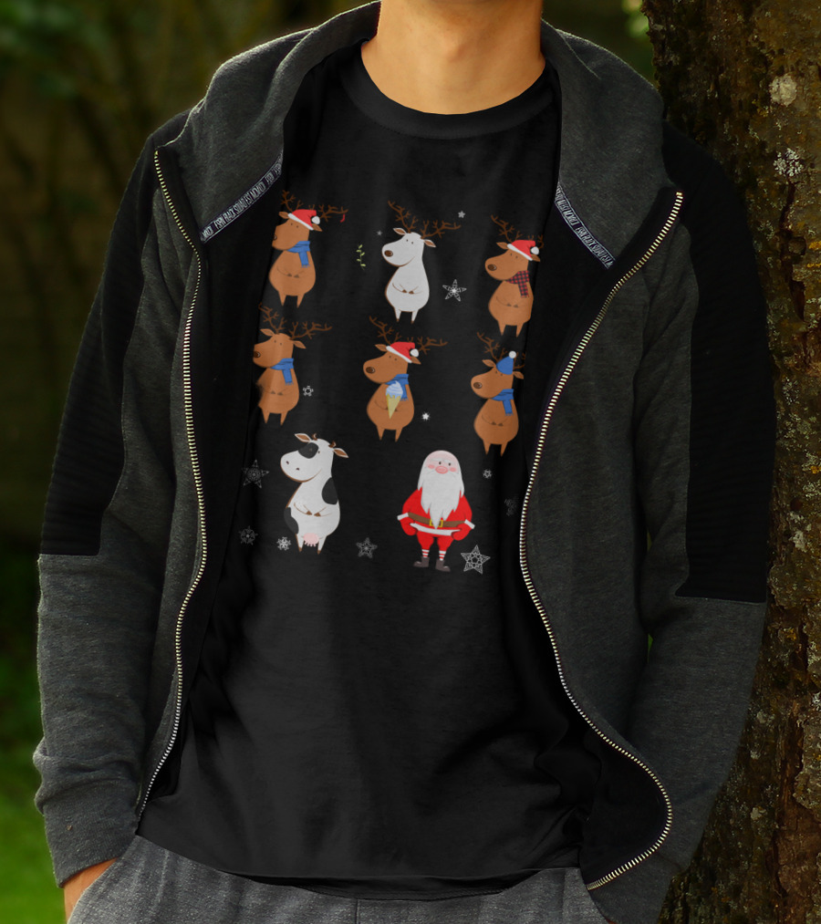 Santa Claus Reindeers With Cow And Snowflakes T-Shirt