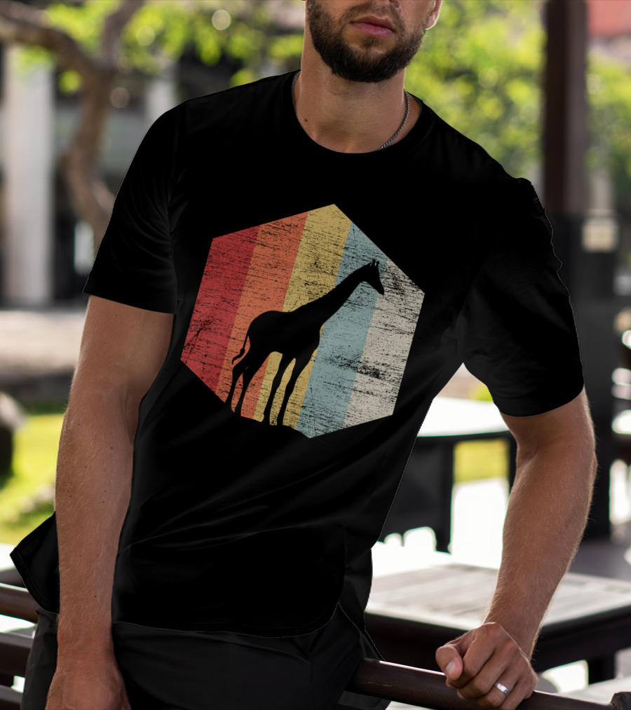 Retro Giraffe Silhouette With Vintage Stripes T-Shirt