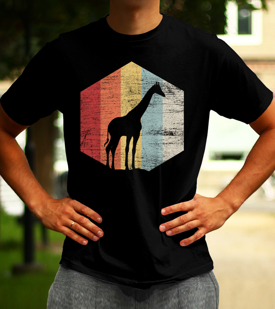 Retro Giraffe Silhouette With Vintage Stripes T-Shirt