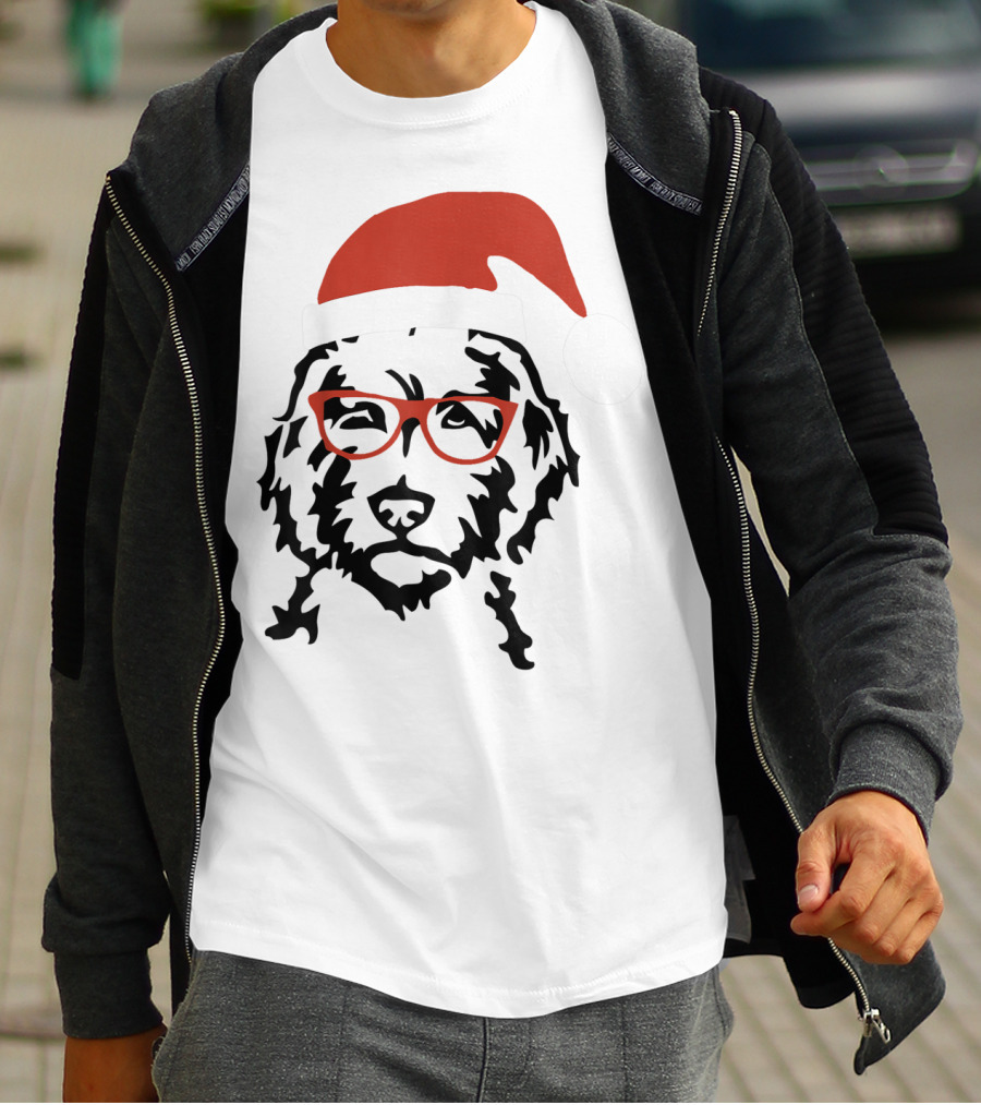 Santa Doodle Goldendoodle Christmas Red Hat Glasses T-Shirt