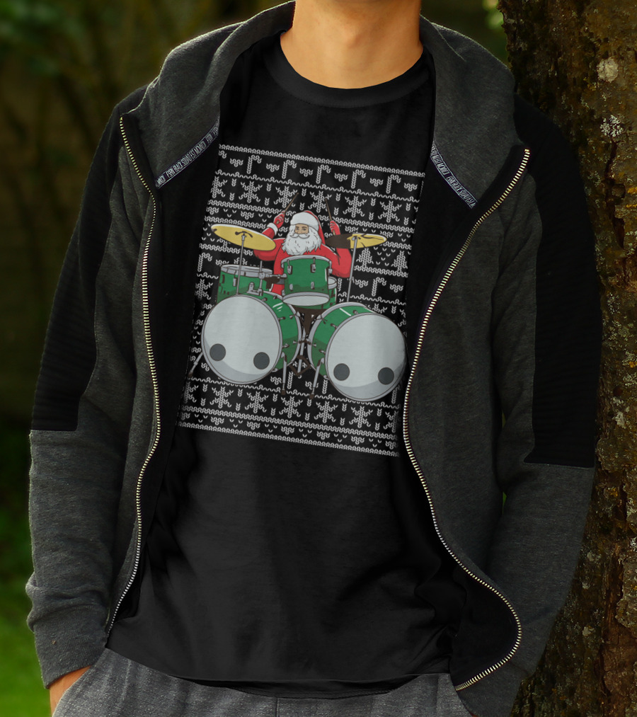 Santa Drummer Christmas Ugly Sweater Style Drums T-Shirt