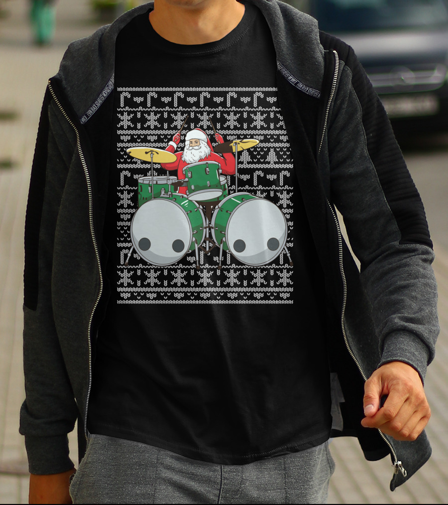 Santa Drummer Christmas Ugly Sweater Style Drums T-Shirt