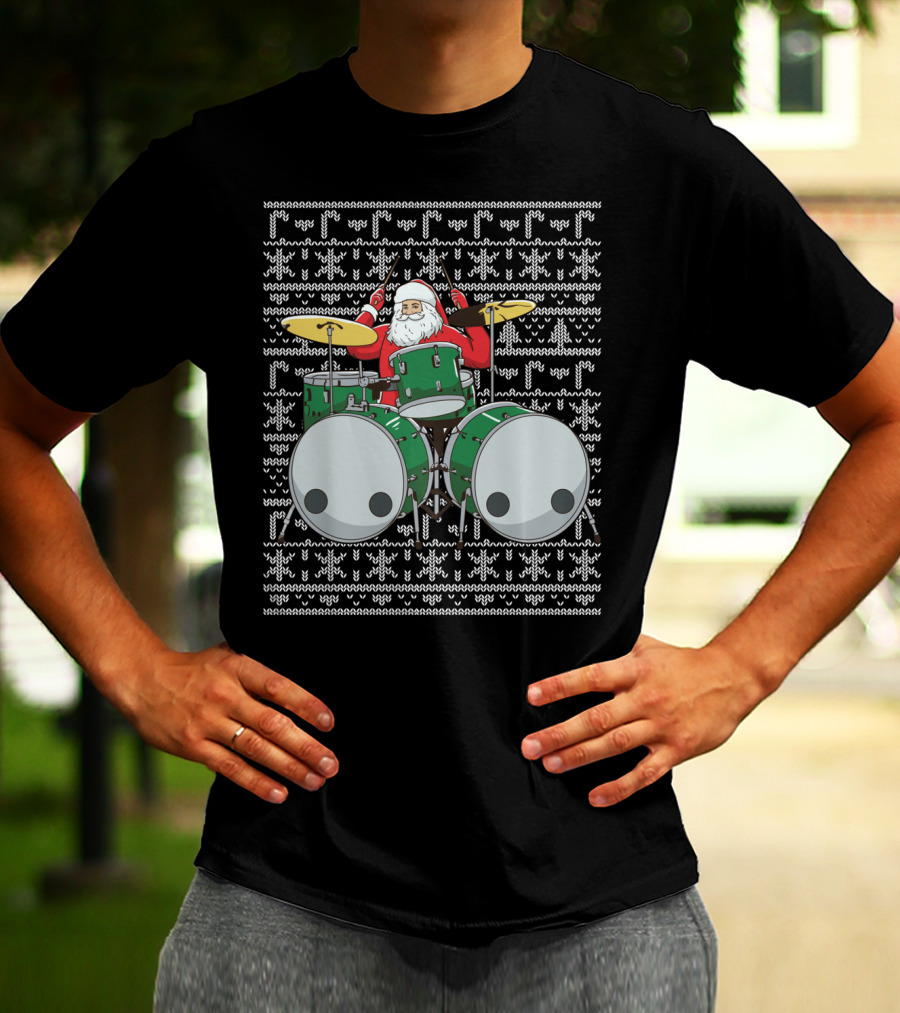 Santa Drummer Christmas Ugly Sweater Style Drums T-Shirt