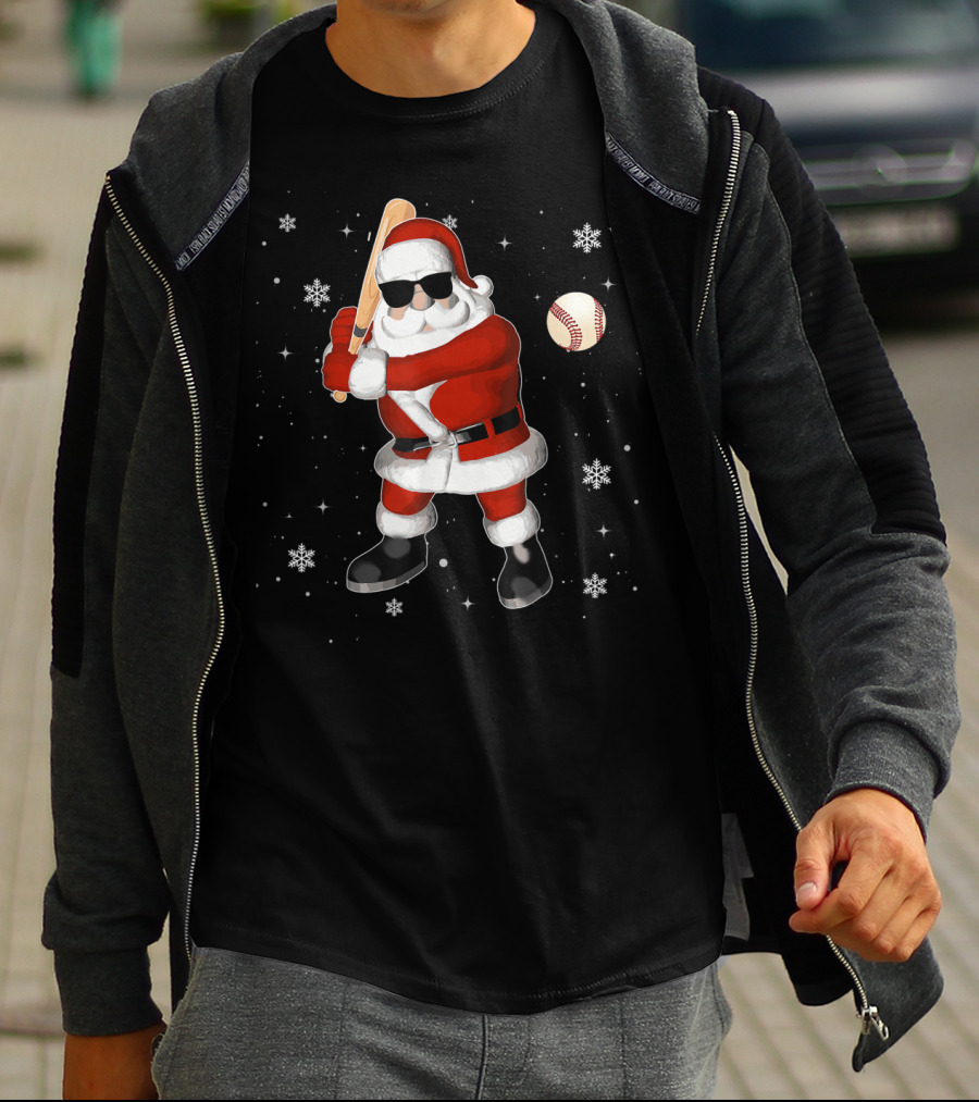 Santa Baseball Snowflake Batting Holiday T-Shirt