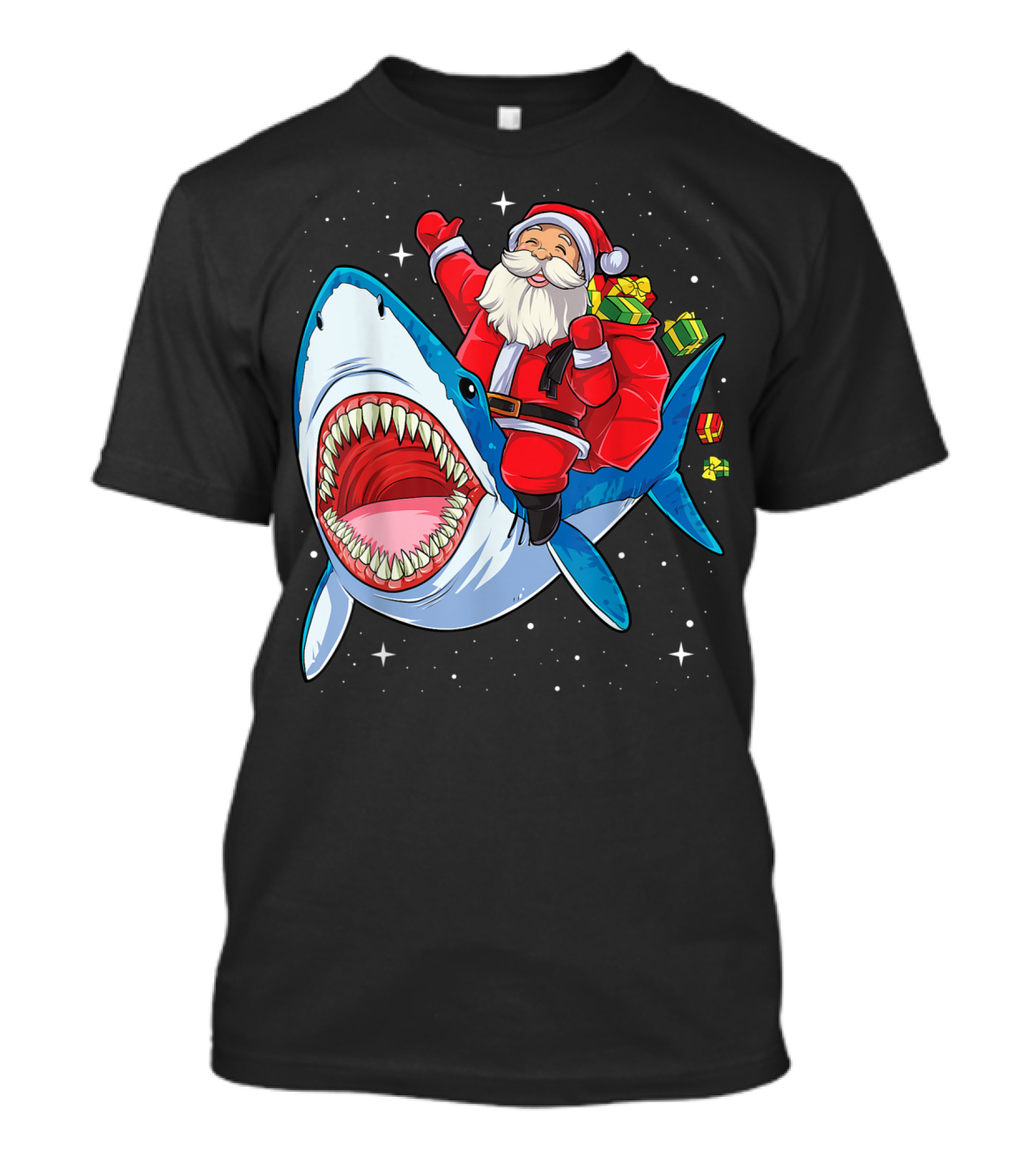Santa And Presents On Shark In Starry Christmas Galaxy T-Shirt