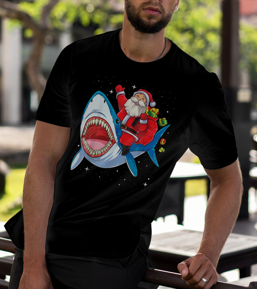 Santa And Presents On Shark In Starry Christmas Galaxy T-Shirt