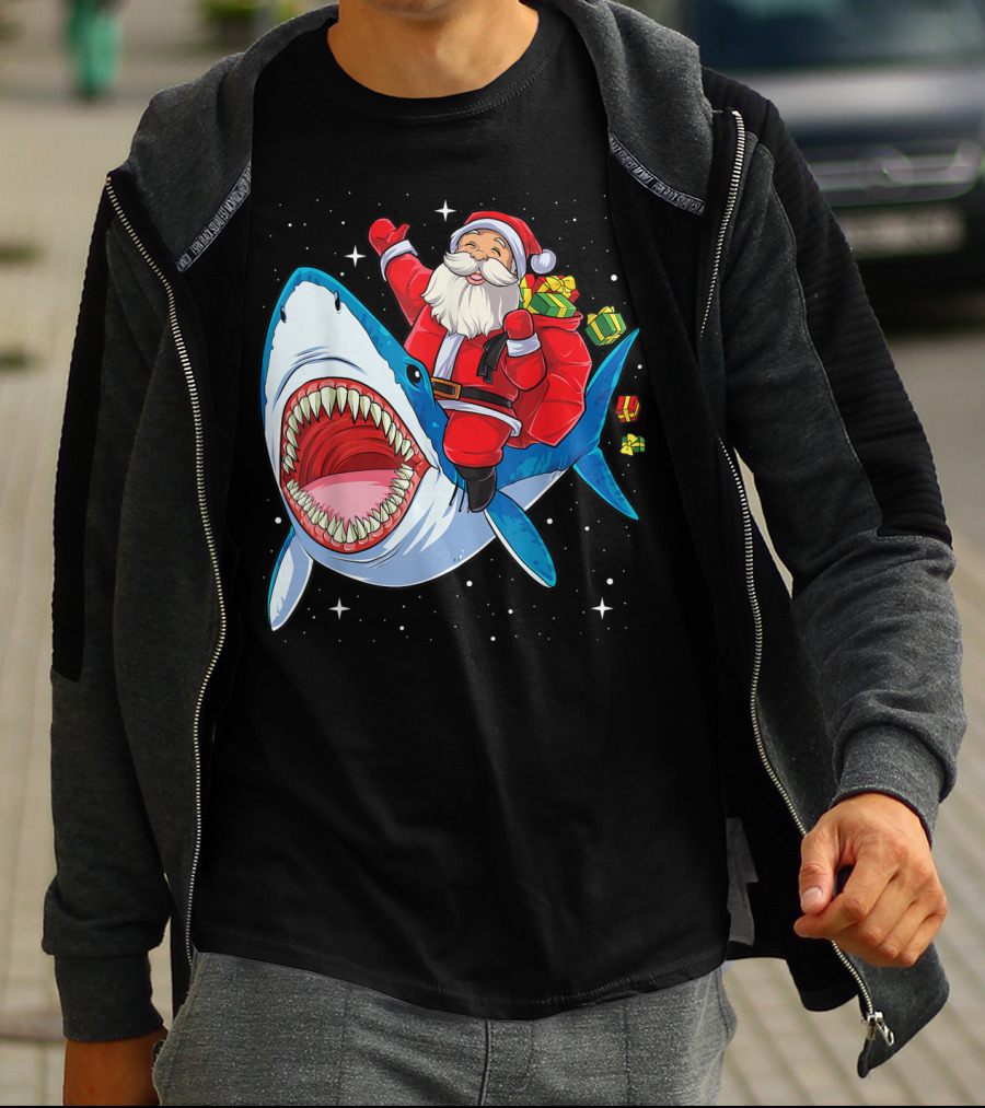 Santa And Presents On Shark In Starry Christmas Galaxy T-Shirt