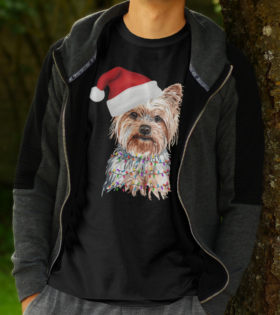 Santa Yorkie Terrier Dog With Christmas Lights Reindeer T-Shirt
