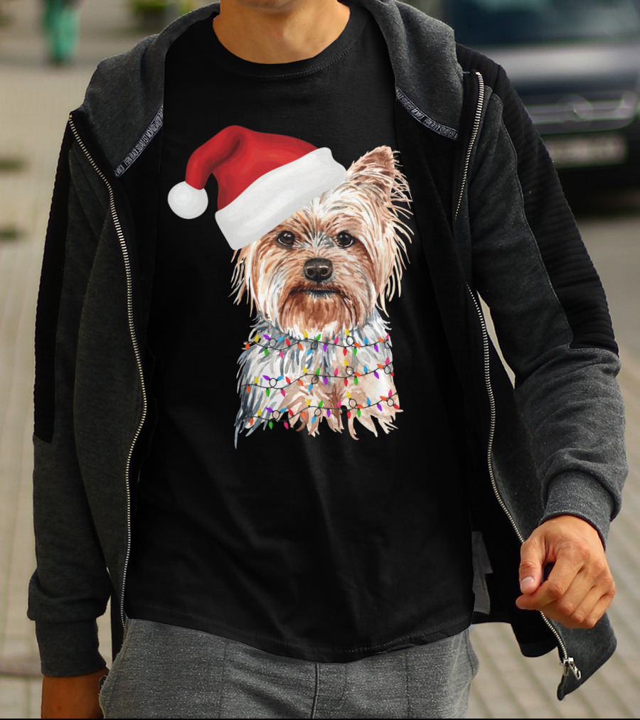 Santa Yorkie Terrier Dog With Christmas Lights Reindeer T-Shirt