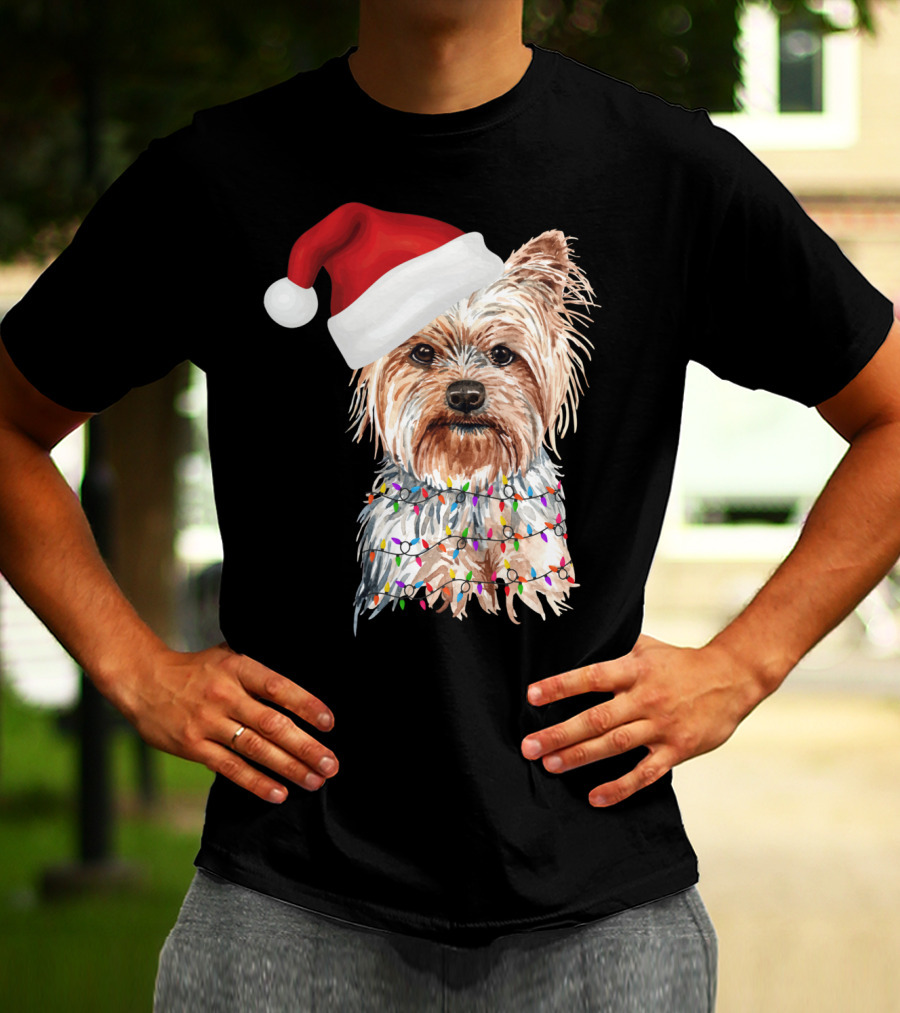 Santa Yorkie Terrier Dog With Christmas Lights Reindeer T-Shirt