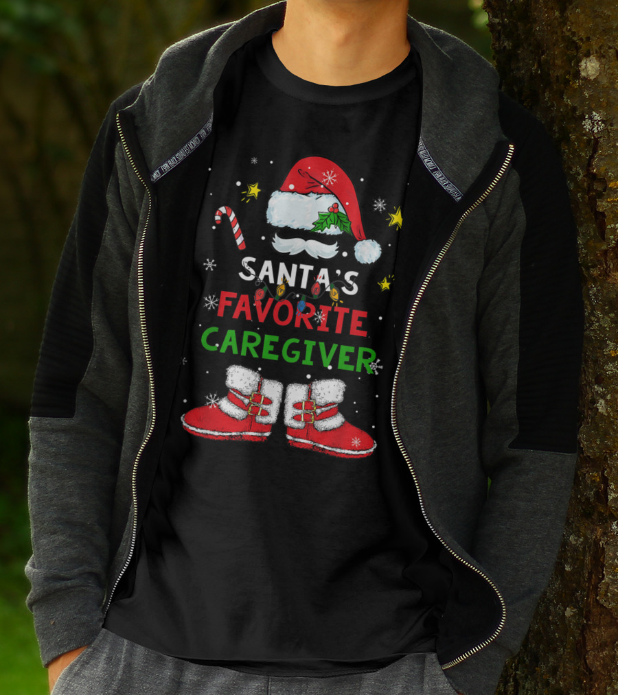 Santa's Favorite Caregiver Christmas Santa Suit Hat Boots Candy Cane Snowflakes T-Shirt