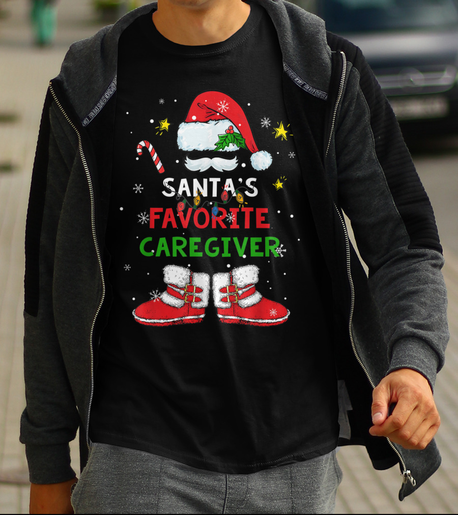 Santa's Favorite Caregiver Christmas Santa Suit Hat Boots Candy Cane Snowflakes T-Shirt
