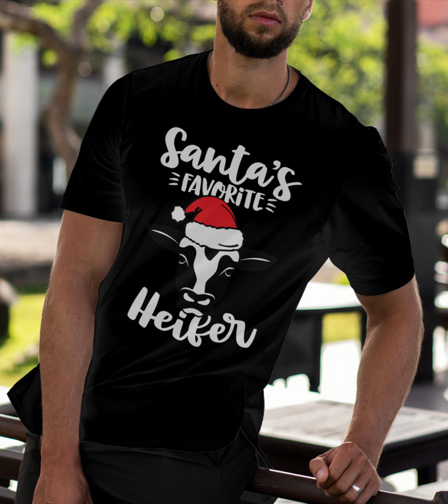 Santa's Favorite Heifer Cow Cattle Farmer Christmas Santa Hat T-Shirt