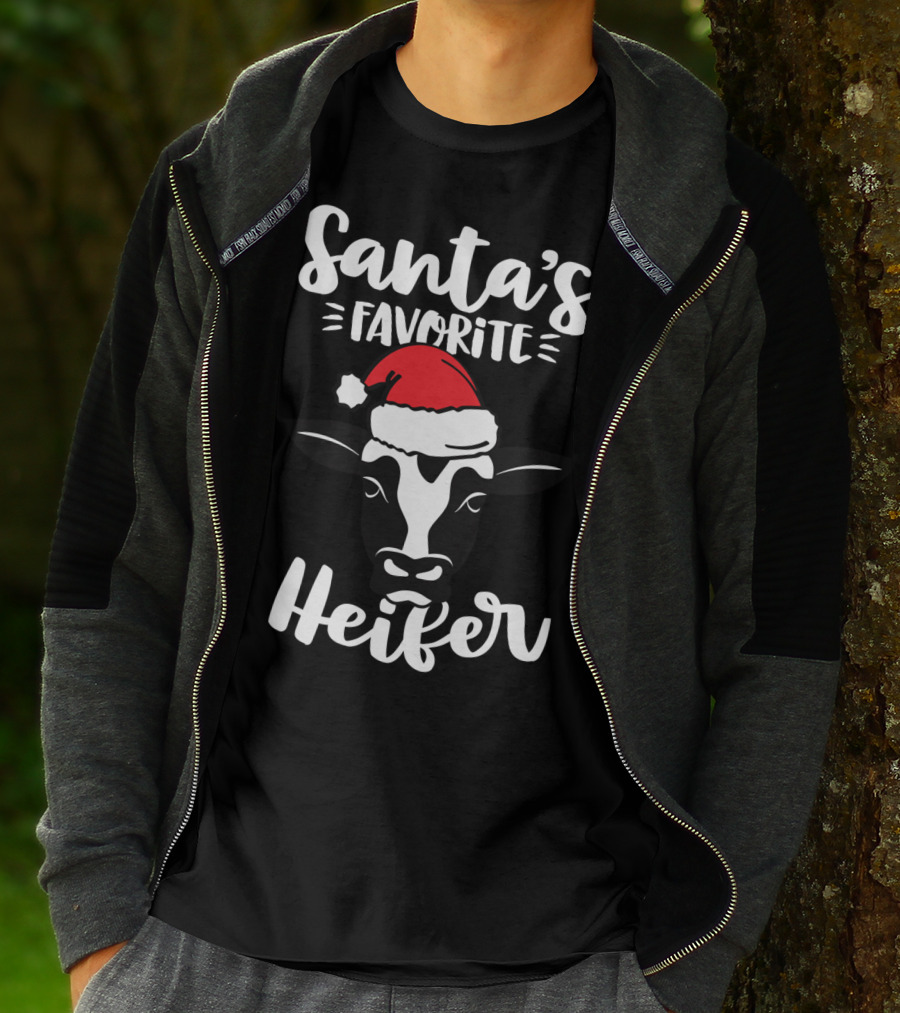 Santa's Favorite Heifer Cow Cattle Farmer Christmas Santa Hat T-Shirt