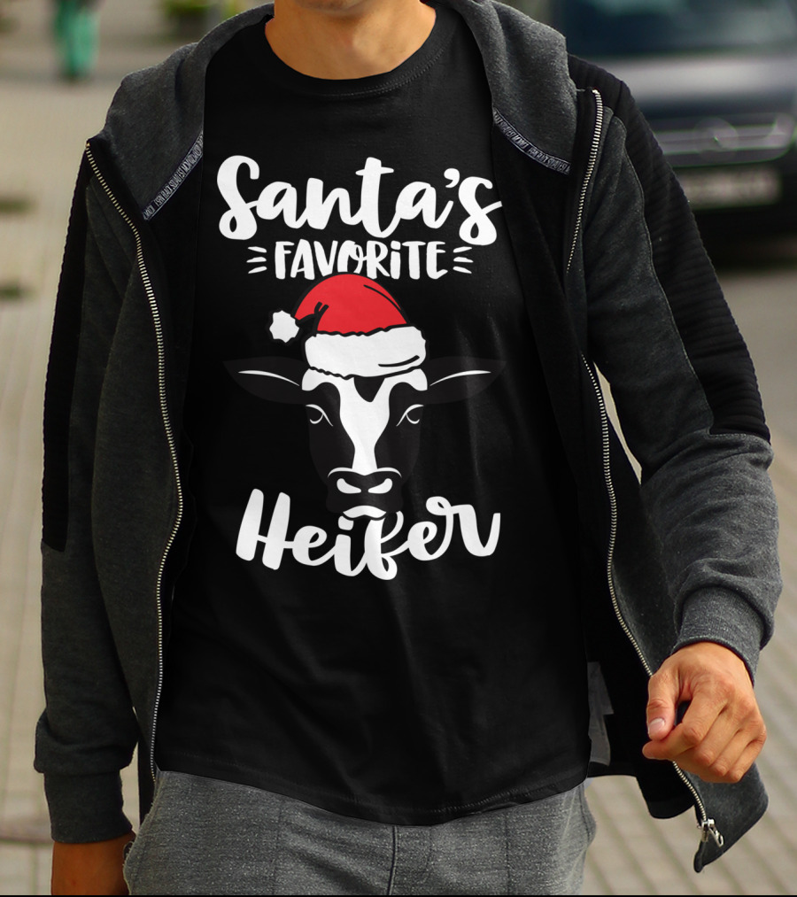Santa's Favorite Heifer Cow Cattle Farmer Christmas Santa Hat T-Shirt