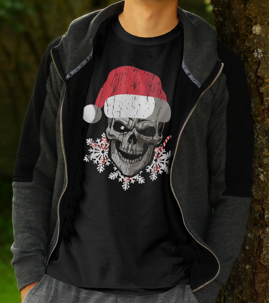 Skull Santa Hat Snowflakes Candy Cane T-Shirt
