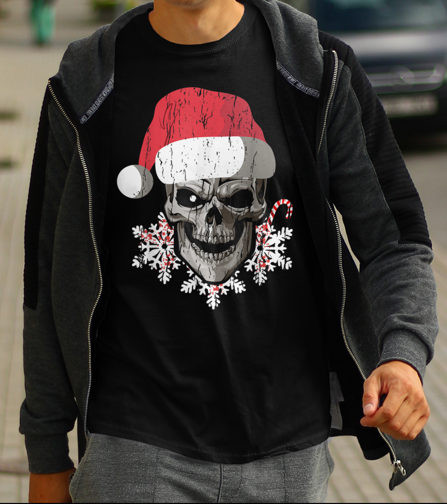 Skull Santa Hat Snowflakes Candy Cane T-Shirt