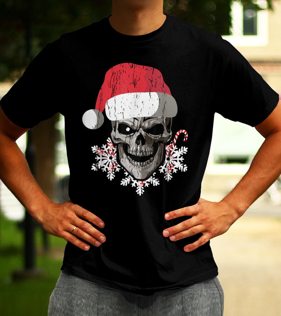 Skull Santa Hat Snowflakes Candy Cane T-Shirt