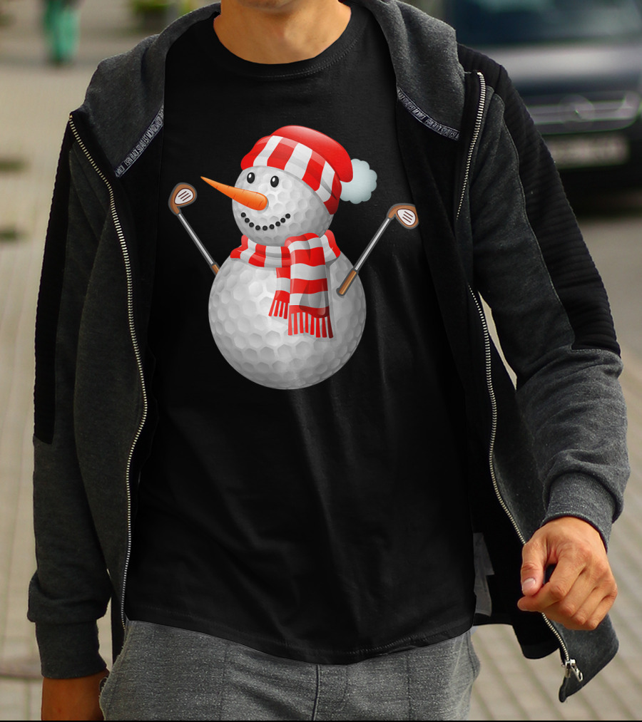 Snowman Golf Ball Christmas Hat Red Scarf Golf Clubs T-Shirt