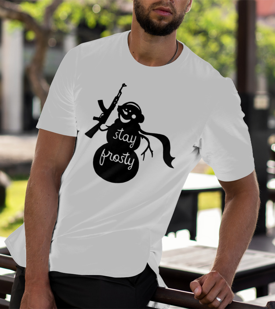 Stay Frosty Snowman With Headphones And Rifle T-Shirt